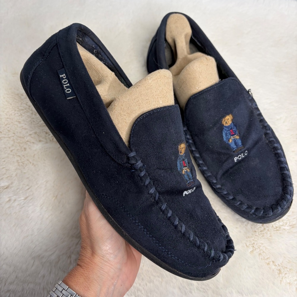 Polo Ralph Lauren Mens Declan Bear Navy Blue Moccasin Slippers Size 9 SMF5219ARL